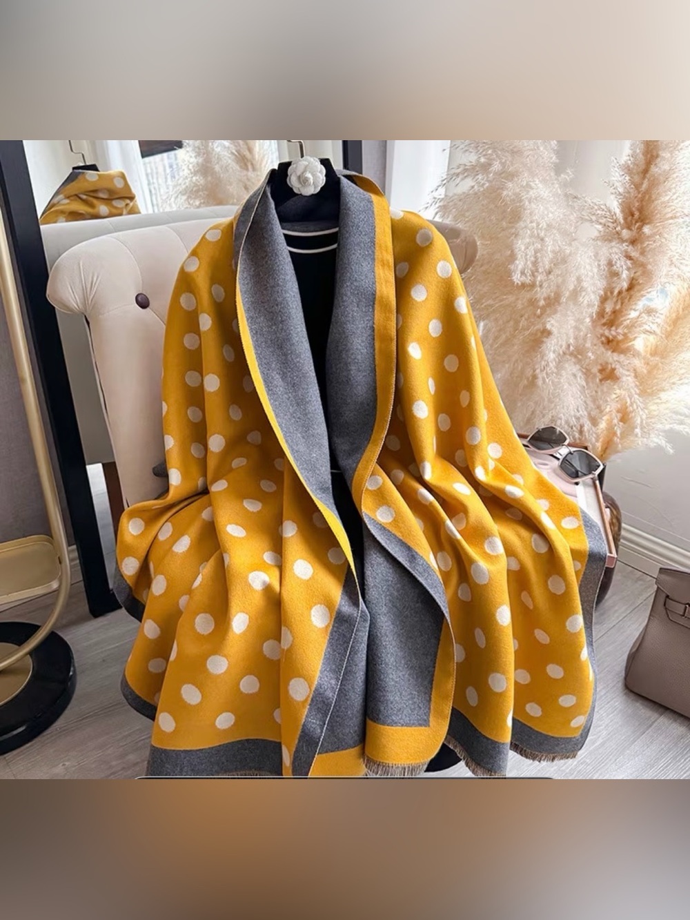 Reversible Polka Dot Cape Coat in Mustard Yellow & Gray